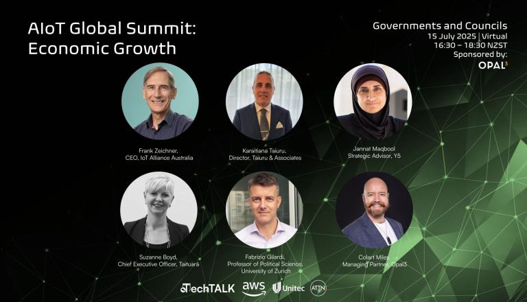 anel of local government leaders discussing AI and governance at the AIoT Global Summit 2025, hosted by OPAL3.