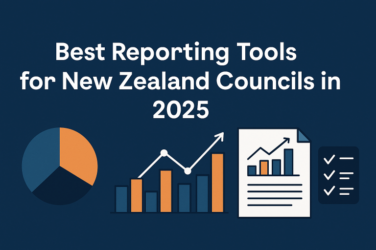 Banner image with the title 'Best Reporting Tools for New Zealand Councils in 2025' in bold white text on a dark blue background. The image includes stylised graphics of a pie chart, a bar and line graph, a report document with charts, and a checklist icon, using a colour palette of dark blue, orange, and white.