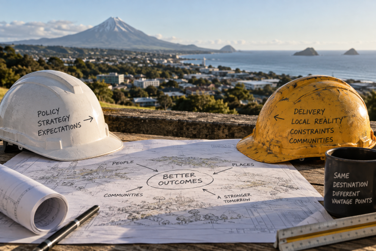 Two hard hats labelled with policy and delivery themes sit on plans overlooking New Plymouth and Mount Taranaki, illustrating central and local government working toward better outcomes from different vantage points.