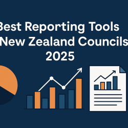 Banner image with the title 'Best Reporting Tools for New Zealand Councils in 2025' in bold white text on a dark blue background. The image includes stylised graphics of a pie chart, a bar and line graph, a report document with charts, and a checklist icon, using a colour palette of dark blue, orange, and white.
